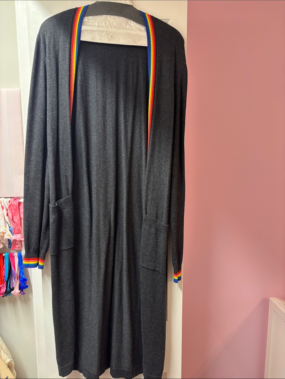 Spiritual Gangster Black Long Cardigan sweater with Rainbow Trim XS